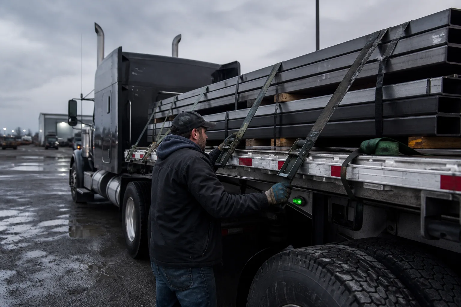 Owner-operator checking flatbed load securement before departure