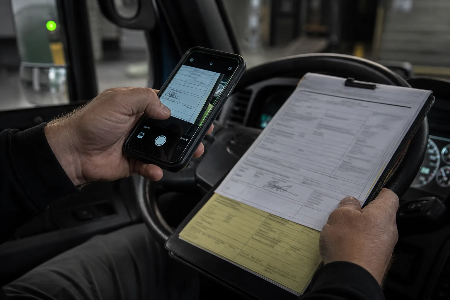 Driver capturing a signed proof of delivery inside a truck cab