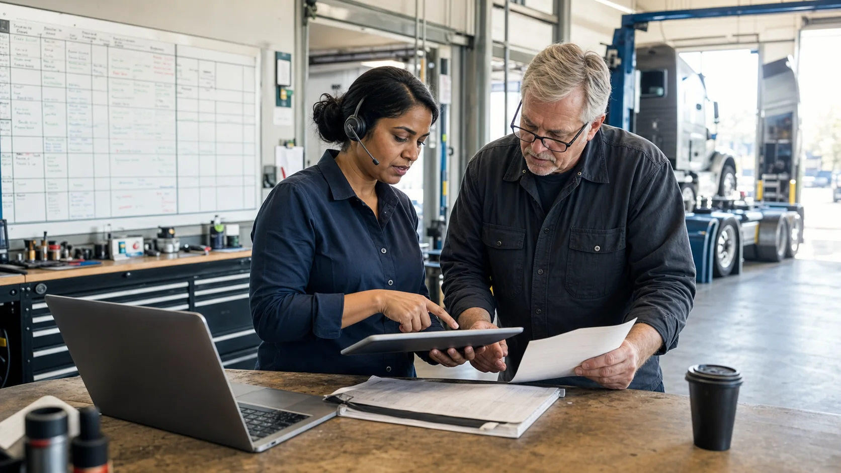Dispatcher and driver reviewing a load plan together at a shop desk