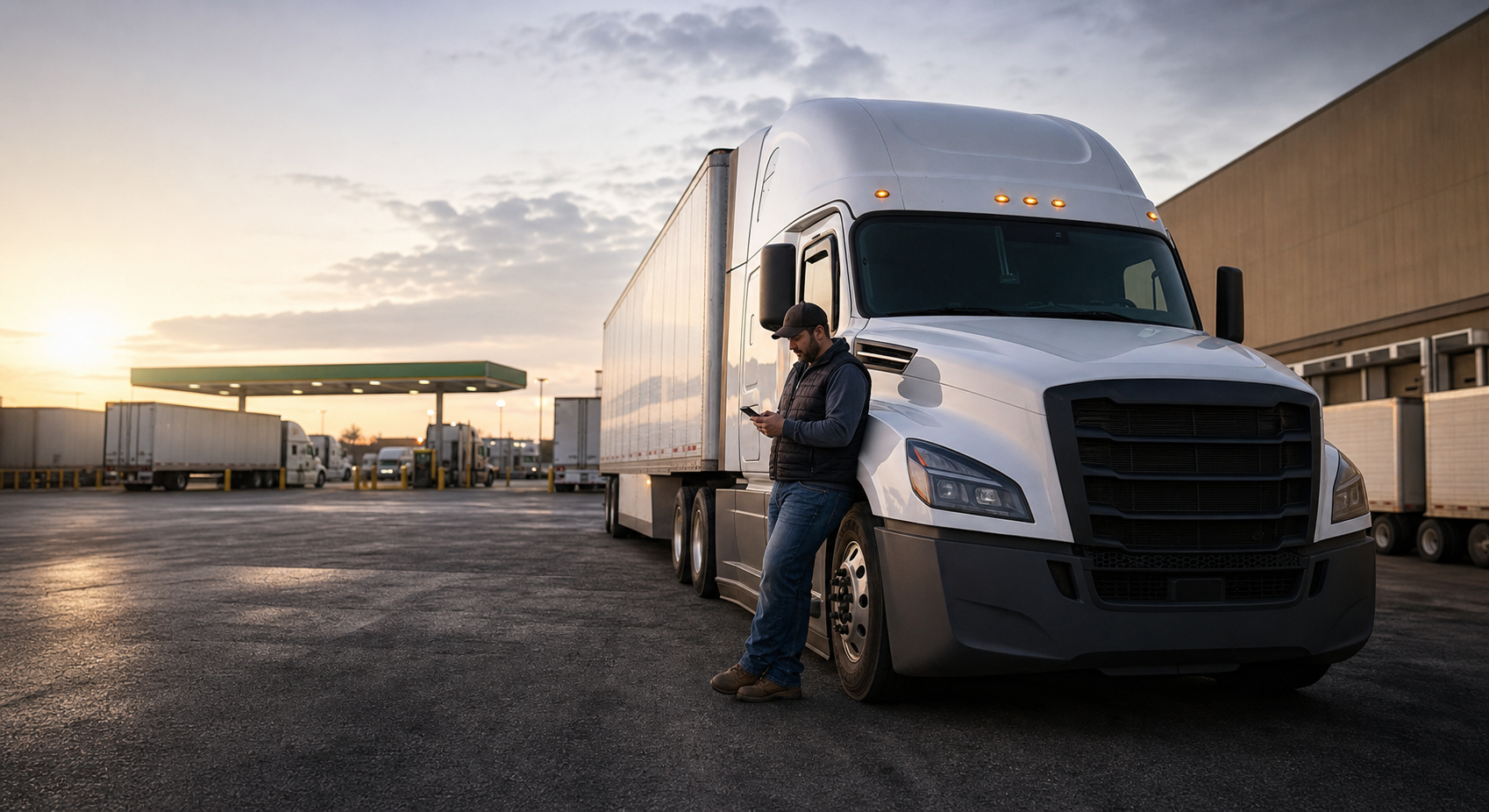 Semi truck staged at a working freight yard